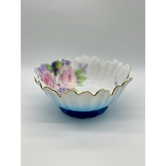 Noritake Hand Painted Ruffle Floral Flower Blue Good Porcelain Footed Bowl Japan - Picture 1 of 7